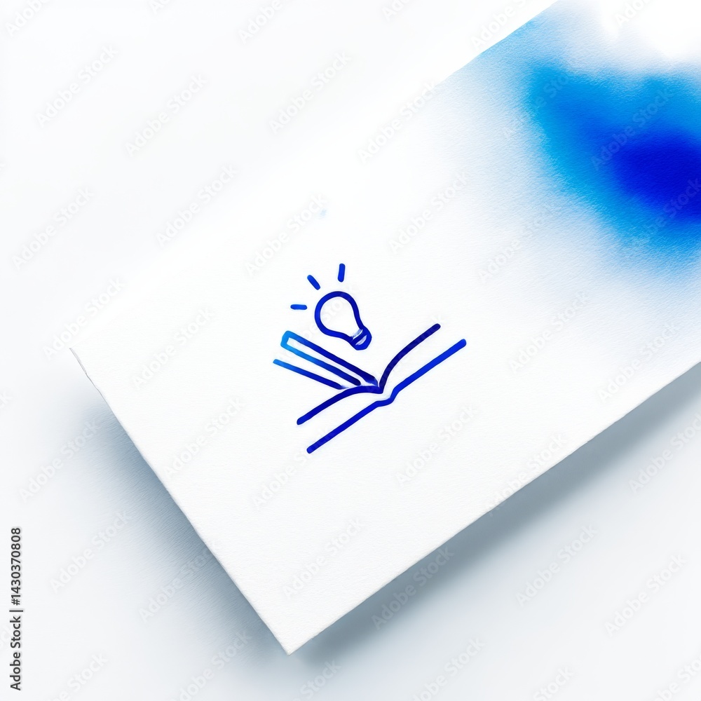 Poster innovative idea from knowledge: light bulb emerging from an open book on white texture with blue hue
