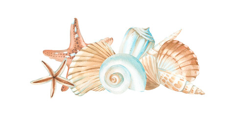 Illustration of shells and starfish in orange and blue colors. Watercolor hand drawn element isolated on white background. For summer collections design