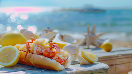 New England Lobster Roll with Butter Drip and Lemon &ndash; Rustic Dockside Setting with Ocean Blur, Cape Cod Summer Editorial Style