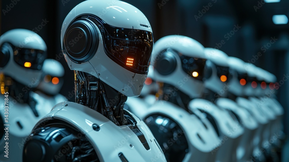 Poster futuristic humanoid robots in a high-tech environment, showcasing advanced design.