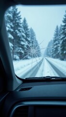 Large crack in car windshield, heavy snowfall, transportation, ice