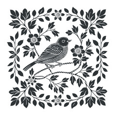 Vector linocut poster template with bird and flowers. Modern trendy minimal style. Black and white colors. Botanical blockprint. Design for wallpaper, wall decor, print, postcard, cover, template.