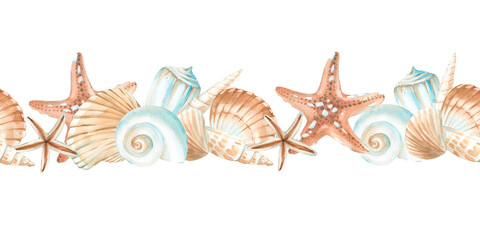 Seashells seamless horizontal watercolor pattern. Hand drawn border with starfish and shells. Template for textile design, label, fabric and wallpaper.
