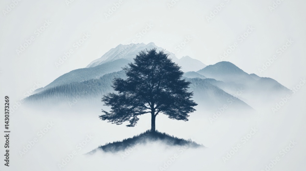 Poster creative tree shape blending with mountains and misty woods, showcasing harmony with nature generati