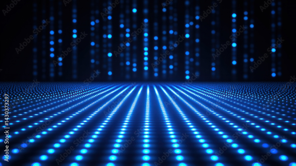 Poster a blue background with a row of blue dots arranged in a straight line. the dots are small and evenly