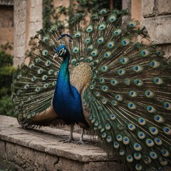 Obraz premium Peacock Perched on a Palace Garden Wall
