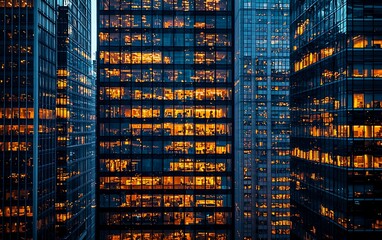 City skyline at night, illuminated office buildings