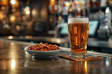 Foamy beer and nuts on a rustic bar counter, creating a warm and inviting pub setting.