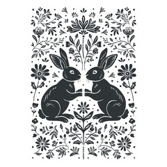 Vector linocut floral poster template with rabbits. Modern trendy minimal style. Black and white colors. Botanical blockprint. Design for wallpaper, wall decor, print, postcard, cover, template.