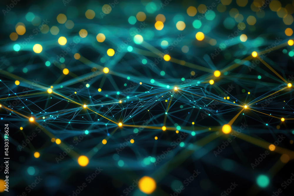 Poster abstract network illustration with teal lines connecting glowing yellow and teal nodes, against a da