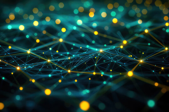 Abstract network illustration with teal lines connecting glowing yellow and teal nodes, against a dark background suggesting connectivity and technology.