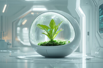 Plant growing in a futuristic transparent pod with a moss bed, inside a sterile laboratory environment with screens.