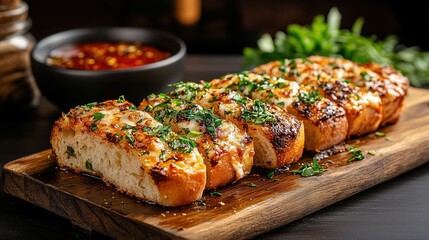 Slices of garlic bread with herbs and melted cheese resting on wooden cutting board