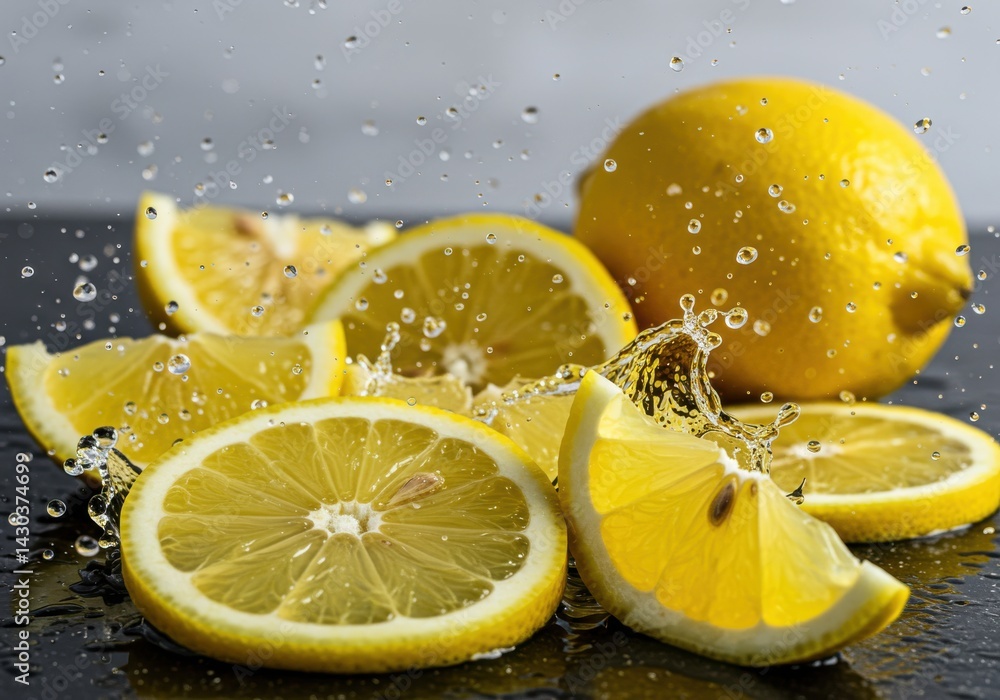 Aufkleber close up of lemons and lemon slices with water droplets on a dark surface in a studio setting