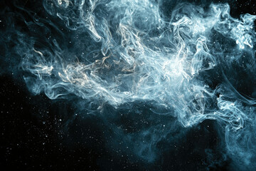 Wispy, ethereal blue and white smoke floats against a dark background sprinkled with stardust,...
