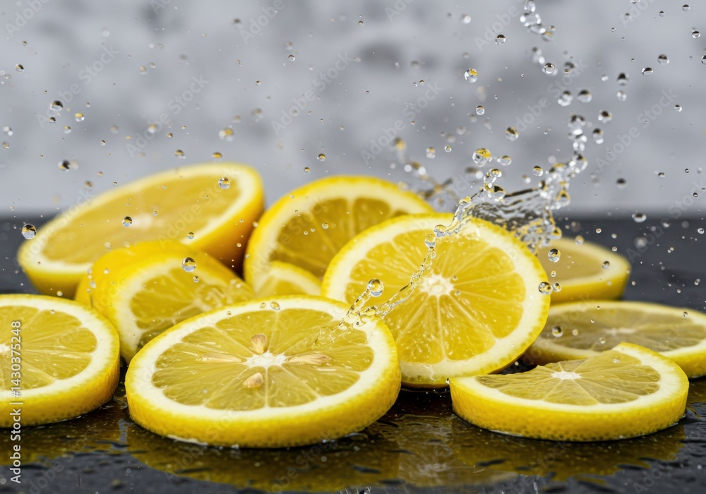 Poster close up of lemon slices with water droplets splashing on a dark surface and blurred background