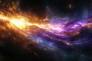 A vibrant cosmic river of gold, purple, and blue hues flowing through a dark, star-speckled universe creating space fantasy scene.