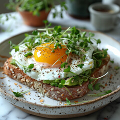 Poached Egg on Avocado Toast with Microgreens &ndash; Minimalist Scandinavian Kitchen Scene on Marble Surface, Calm App Style Aesthetic