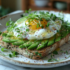 Poached Egg on Avocado Toast with Microgreens &ndash; Minimalist Scandinavian Kitchen Scene on Marble Surface, Calm App Style Aesthetic