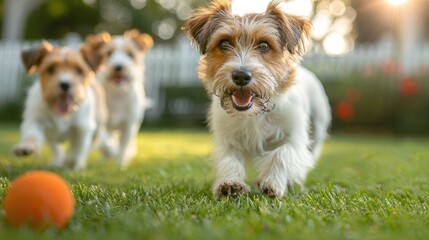mom dog and two cute puppies are playing ball on the green grass in the white house yard