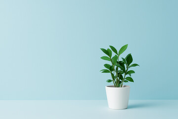 "Fresh Green Plant in Minimal White Pot on Bottom Right Corner | Neutral Background with Ample Negative Space"