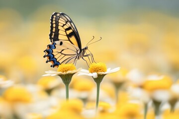 Butterfly resting on yellow flowers in a garden during springtime