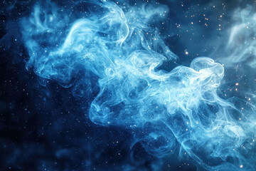 Ethereal blue smoke swirling in a dark space, interspersed with twinkling specks of light, evoking...