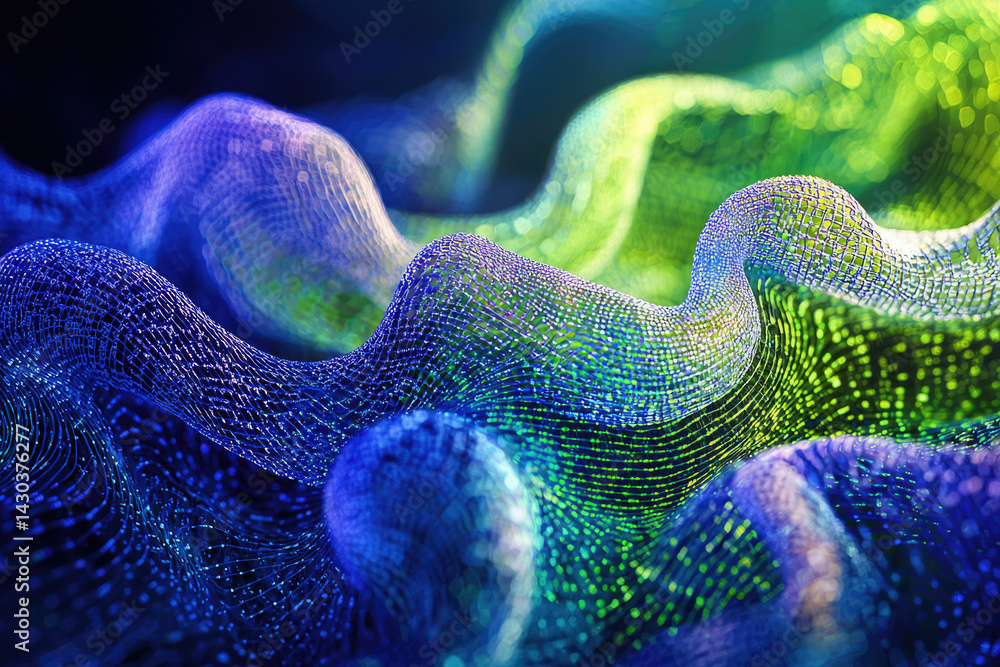 Poster abstract waves flow in shades of blue and green, connected by a network of fine lines.