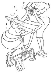 Mom makes a face at a child in a stroller. sketch drawn with a gel pen