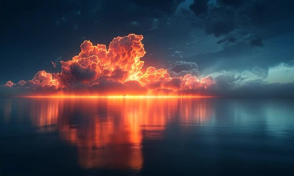 Majestic sunset over calm waters with vibrant clouds reflecting in the serene ocean