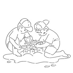 Children building a sand fortress. Sketch drawn with a pencil