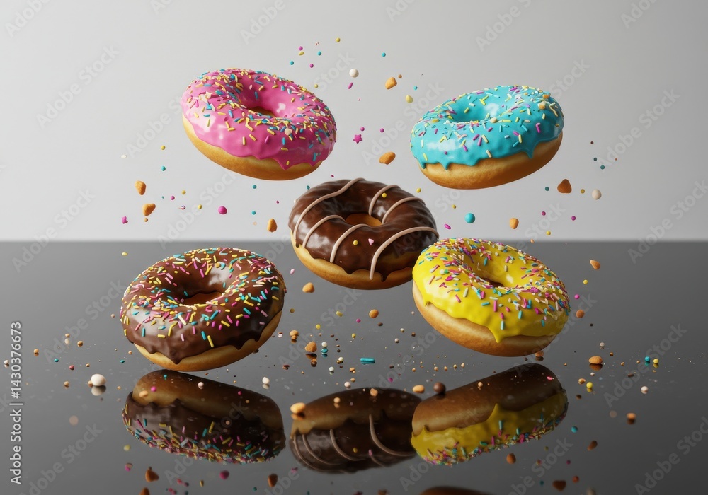 Poster assorted donuts with colorful toppings levitating above a reflective black surface in a studio