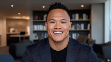 Confident man smiling in modern office setting with bookshelves and soft lighting background