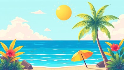 Obraz premium Bright summer banner, palm tree & ocean Minimalist flat cartoon vector illustration, background, holiday