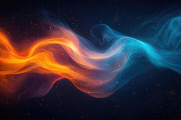 Fototapeta premium A cosmic dance of fire and ice: orange and blue energy swirls amidst a starry expanse in space.