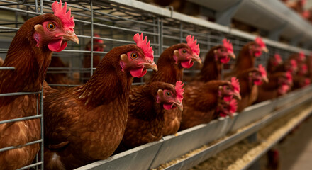 Close up of a hen brown feathers with black markings red comb and wattles isolated on white background Perfect for agricultural farming poultry livestock and animal feed advertisements