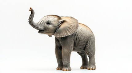 Fototapeta premium Baby Elephant With Raised Trunk Showing Friendly Demeanor in Soft Light on White Background Generative AI