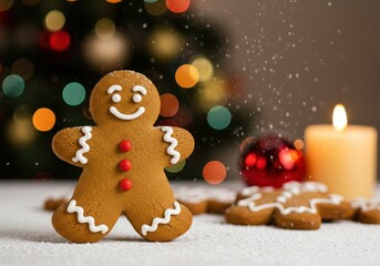 Gingerbread man cookie with christmas tree lights and candle in the background festive holiday scene