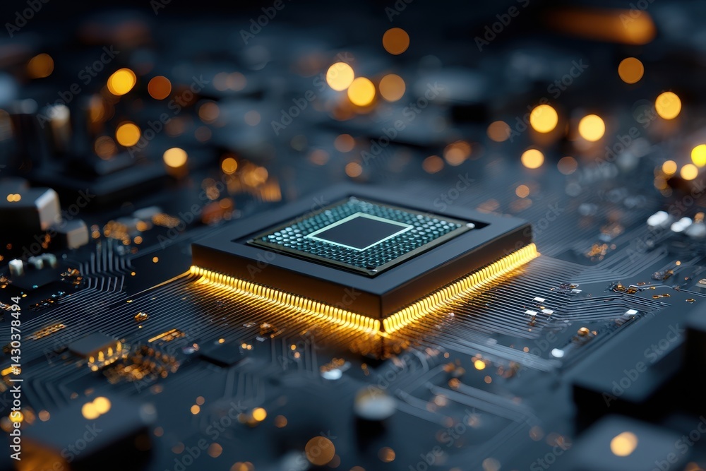 Poster close-up of a cpu on a circuit board with glowing connections