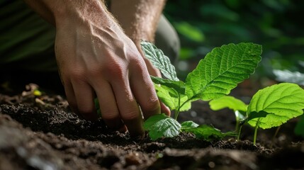 Fototapeta premium A hand presses a sapling into dark soil using a trowel, sunlight streaming through green leaves