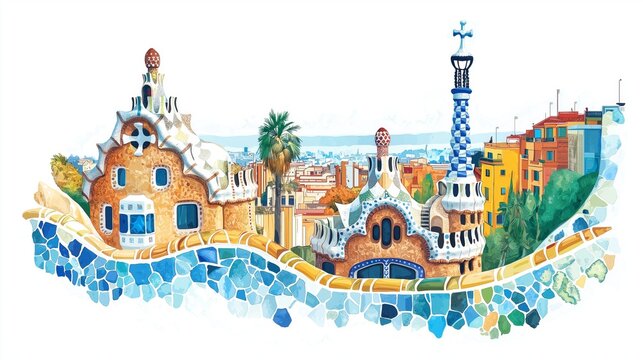 Park Guell. Park Guell hand drawn watercolor illustration