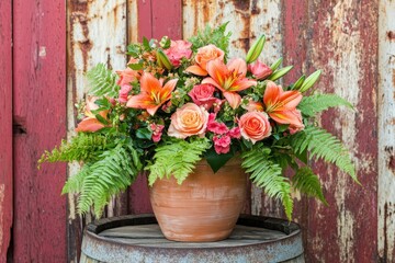 Rustic terracotta pot brimming with vibrant orange and pink flowers.