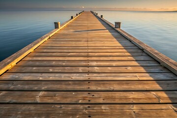 Fototapeta premium Serene Wooden Pier at Sunrise – Tranquil Waterfront Landscape with Golden Light
