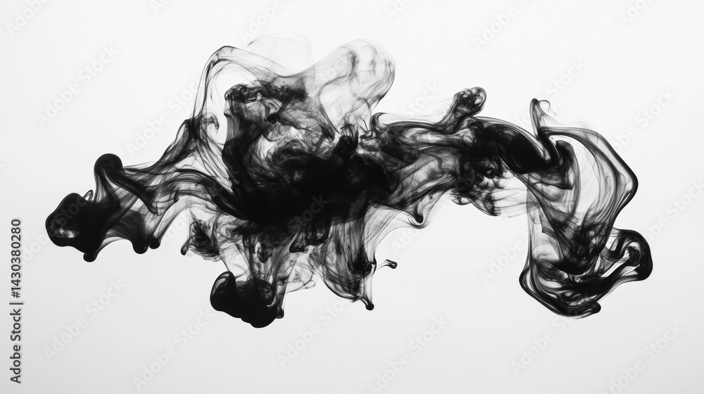 Poster black ink swirling gracefully in water creating elegant soft curves on a white background generative