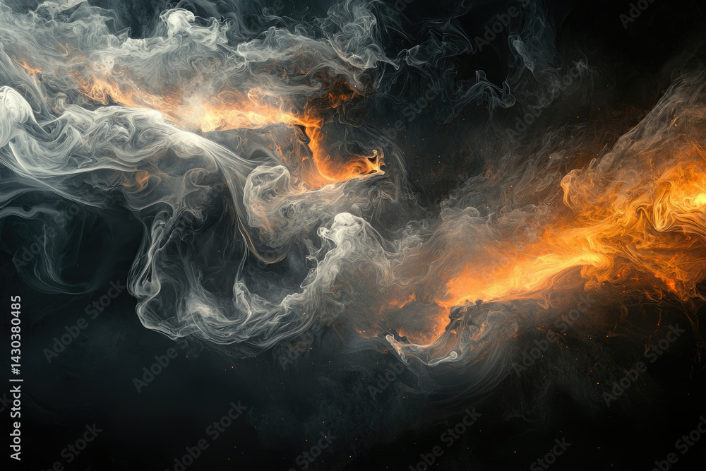 Aufkleber abstract artwork featuring swirling white smoke intertwined with vibrant orange flames against a dar