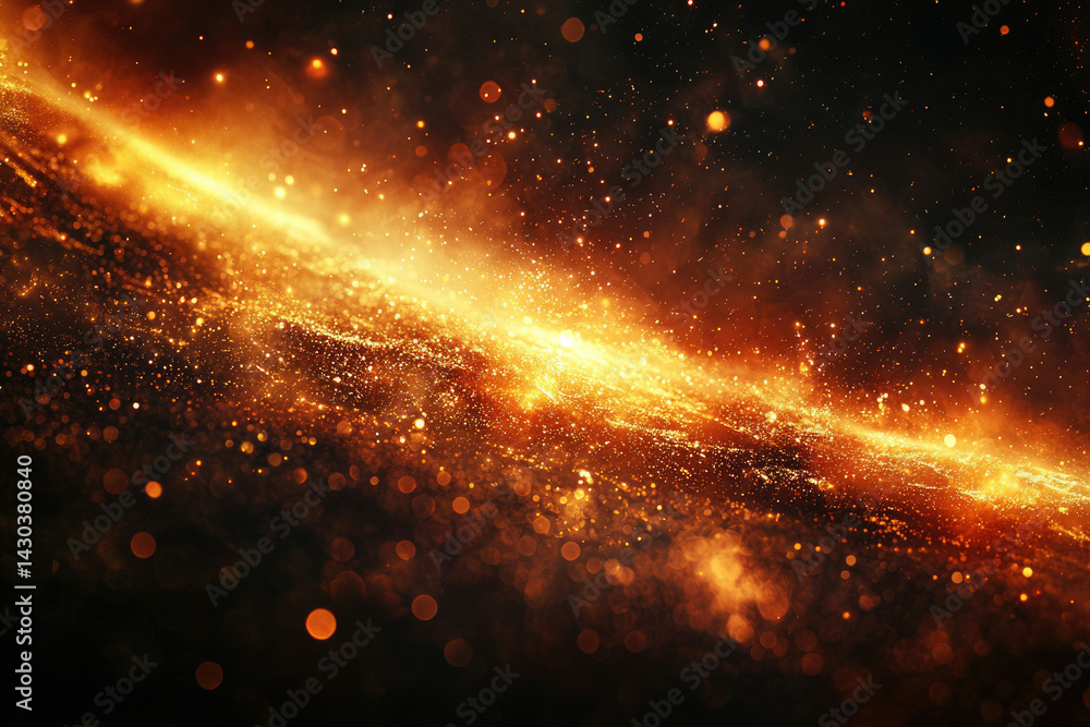 Poster A mesmerizing abstract image featuring a stream of golden light and shimmering particles against a dark background, creating a sense of cosmic wonder.