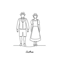 One continuous line drawing of Austria traditional clothes couple vector illustration. Europe traditional clothes concept in simple linear style. Fashion for asset design an educational purpose.