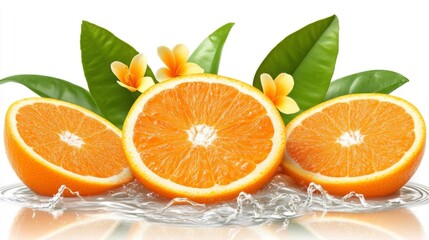 Three Orange Slices with Water Splash and Flowers
