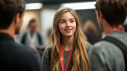 Obraz premium Young Caucasian female engaging in conversation with peers at a vibrant event.