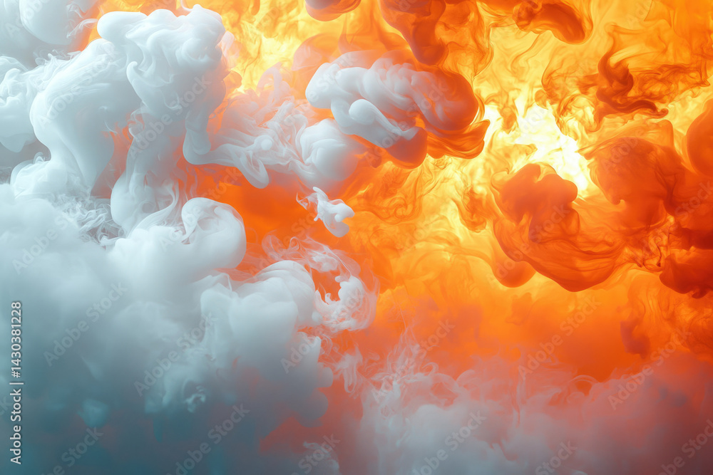 Poster A captivating contrast of swirling white smoke against a fiery orange backdrop, creating a dynamic and visually striking abstract composition.
